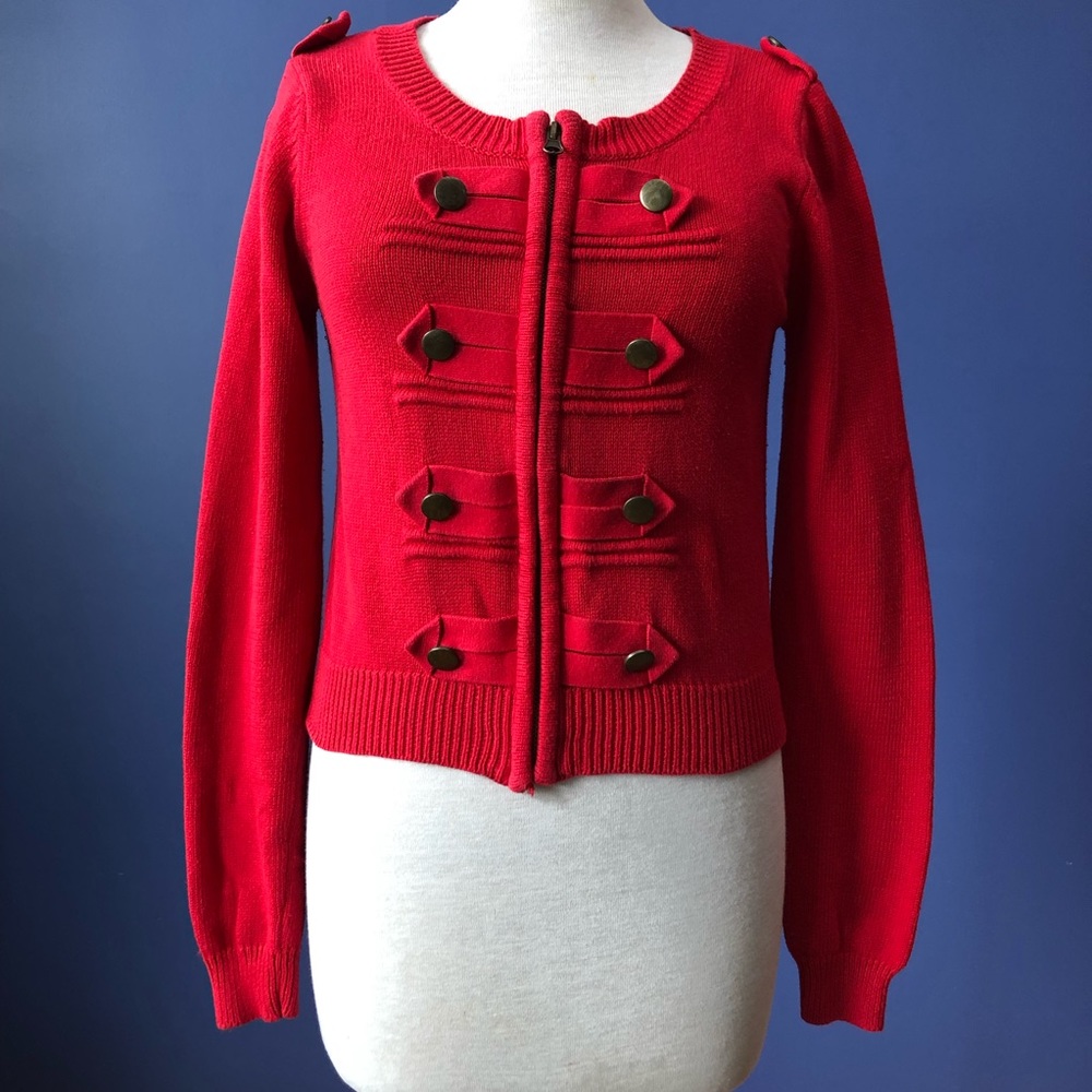 Poppy Red Military Cotton Sweater Small Zip Up
